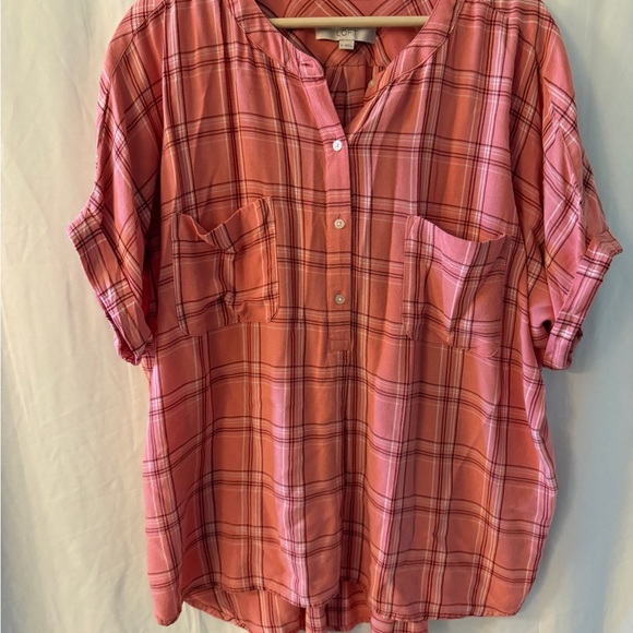 LOFT Tops - LOFT Pink Plaid Button Down Shirt